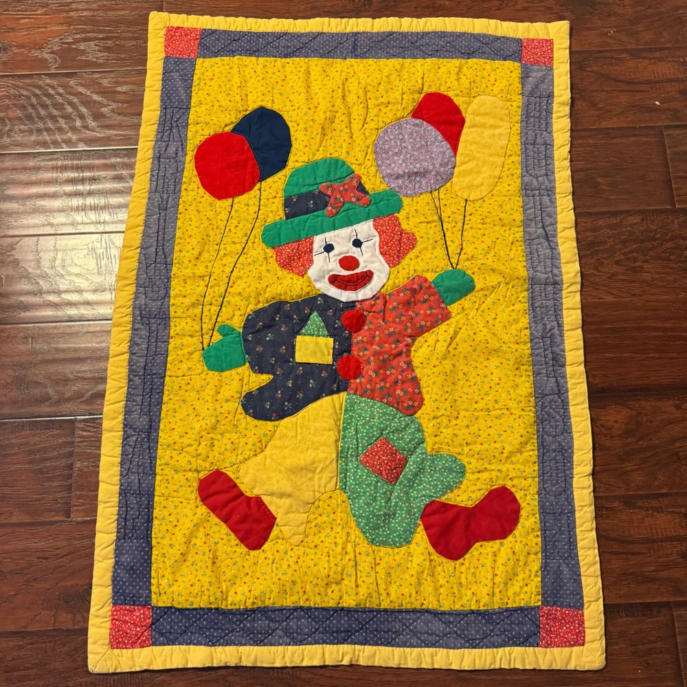 Vintage Handmade Clown Quilt Baby Blanket Kids Wall Hanging Yellow Patchwork
